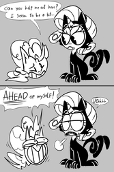Size: 800x1200 | Tagged: safe, artist:thegreatrouge, pinkie pie, rarity, cat, g4, catified, comic, felix the cat, monochrome, old timey, pun, species swap