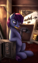 Size: 1720x2792 | Tagged: safe, artist:lightly-san, oc, oc only, cyborg, earth pony, pony, fallout equestria, amputee, casino, commission, prosthetic limb, prosthetics, self-repair, slot machine, solo