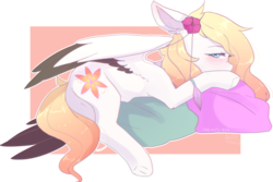Size: 2512x1681 | Tagged: safe, artist:erinartista, oc, oc only, oc:ember (cinnamontee), pegasus, pony, female, mare, pillow, prone, simple background, solo, transparent background, two toned wings, underhoof, ych result