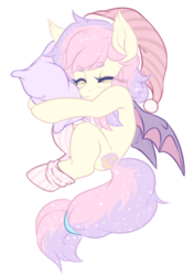 Size: 400x568 | Tagged: safe, artist:cabbage-arts, oc, oc only, oc:stardust, bat pony, pony, bat pony oc, clothes, commission, commissioner:carouselcoffee, curled up, cute, gift art, hat, nightcap, ocbetes, pillow, simple background, sleeping, socks, solo, transparent background
