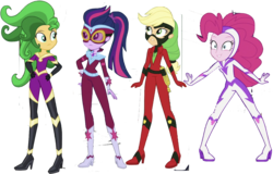 Size: 1851x1187 | Tagged: safe, editor:php77, applejack, fili-second, mane-iac, mistress marevelous, pinkie pie, sci-twi, sunset shimmer, twilight sparkle, equestria girls, equestria girls specials, g4, my little pony equestria girls: movie magic, clothes, costume, geode of telekinesis, magical geodes, masked matter-horn costume, power ponies, simple background, transparent background, wig