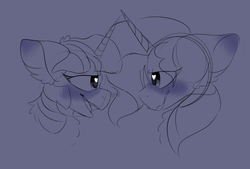 Size: 1280x865 | Tagged: safe, artist:pinetreequeen, sunset shimmer, twilight sparkle, g4, blushing, female, heart, heart eyes, lesbian, looking at each other, ship:sunsetsparkle, shipping, wingding eyes