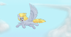 Size: 2000x1057 | Tagged: safe, artist:haretrinity, derpy hooves, pegasus, pony, g4, cloud, female, mare, sky, smiling, solo
