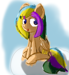 Size: 1097x1200 | Tagged: safe, artist:ppptly, oc, oc only, oc:program mouse, pegasus, pony, :p, computer mouse, cute, female, hairclip, looking at you, mare, no pupils, silly, sitting, sketch, smiling, solo, tongue out, wings