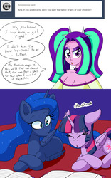 Size: 1000x1600 | Tagged: safe, artist:jake heritagu, aria blaze, princess luna, twilight sparkle, alicorn, pony, siren, comic:aria's archives, royal sketchbook, equestria girls, g4, book, clothes, comic, sneeze cut, sneezing, twilight sparkle (alicorn)