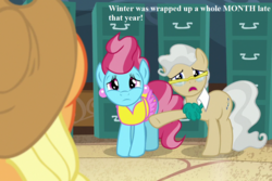 Size: 1080x720 | Tagged: safe, edit, edited screencap, editor:korora, screencap, applejack, cup cake, mayor mare, g4, the perfect pear, applejack's hat, cowboy hat, cropped, epic fail, fail, filing cabinet, hat, text, town hall, winter wrap up (event)