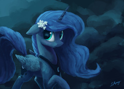 Size: 1400x1000 | Tagged: safe, artist:lollipony, princess luna, alicorn, pony, g4, blushing, cloud, cute, female, floppy ears, flower, flower in hair, horn, looking at you, lunabetes, mare, night, solo, wings