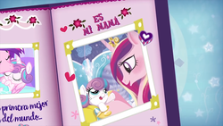 Size: 1920x1080 | Tagged: safe, screencap, princess cadance, princess flurry heart, g4, album, female, mother and daughter, mother's day, spanish