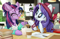 Size: 1024x662 | Tagged: safe, artist:kellythedrawinguni, doctor whooves, rarity, roseluck, time turner, twilight sparkle, oc, oc:quilly, pony, unicorn, g4, alternate hairstyle, book, cafe, clothes, coffee, female, horn, horn ring, male, mare, paper, ring, smiling, stallion, table
