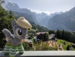 Size: 4048x3036 | Tagged: safe, artist:junky2k, derpy hooves, pony, g4, clothes, cute, irl, photo, plushie, ponies around the world, socks, solo, striped socks, switzerland, wengen