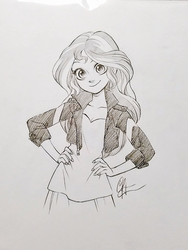 Size: 768x1024 | Tagged: safe, artist:chihirohowe, sunset shimmer, equestria girls, g4, cute, female, grayscale, hand on hip, looking at you, monochrome, pencil drawing, shimmerbetes, simple background, solo, traditional art, white background