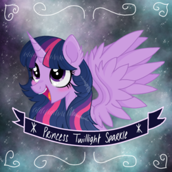 Size: 1536x1536 | Tagged: safe, artist:darkest-lunar-flower, twilight sparkle, alicorn, pony, g4, abstract background, alternate hairstyle, banner, blushing, bust, cute, female, happy, mare, open mouth, smiling, solo, twiabetes, twilight sparkle (alicorn), wings
