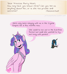 Size: 2700x2976 | Tagged: safe, artist:overlordneon, princess flurry heart, oc, oc:chriki, alicorn, bird, changeling, pony, g4, changeling oc, crown, duo, female, high res, jewelry, mare, music notes, necklace, next generation, older, older flurry heart, regalia, simple background, singing, smiling, white background