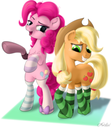 Size: 1695x1908 | Tagged: safe, artist:awalex, applejack, pinkie pie, earth pony, pony, g4, blushing, clothes, cowboy hat, duo, female, freckles, hat, mare, mismatched socks, open mouth, rearing, simple background, socks, stetson, striped socks, transparent background