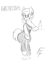 Size: 1600x2100 | Tagged: safe, artist:frecklesfanatic, oc, oc only, oc:nokia, earth pony, pony, bar, bell pants, cellphone, ear piercing, earring, female, jewelry, mare, nokia, phone, piercing, smirnoff