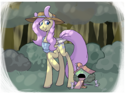 Size: 2663x2008 | Tagged: safe, artist:time-lime, fluttershy, mouse, pegasus, pony, g4, apron, clothes, dappled sunlight, female, folded wings, forest, hat, high res, looking at something, looking down, looking sideways, mare, raised hoof, smiling, solo, straw hat