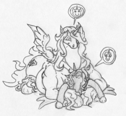 Size: 1566x1455 | Tagged: safe, artist:siegfriednox, oc, oc:image, oc:invidia nox, alicorn, pony, alicorn oc, angry, c:, d:, fat, lying on top of someone, open mouth, size difference, smiling, squish, traditional art