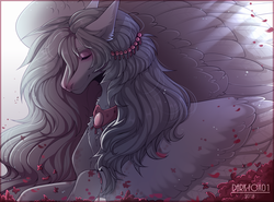 Size: 3400x2520 | Tagged: safe, artist:dark-fox01, artist:foxxxraymond01, oc, oc only, oc:eden ronsard, pegasus, pony, collar, eyes closed, flower petals, high res, jewelry, lying down, male, smiling