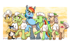 Size: 1023x633 | Tagged: safe, artist:inuhoshi-to-darkpen, apple rose, auntie applesauce, goldie delicious, granny smith, rainbow dash, cat, earth pony, pegasus, pony, g4, grannies gone wild, clothes, feathered fetlocks, female, gold horseshoe gals, mare, shirt, t-shirt, wings