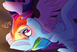 Size: 3400x2300 | Tagged: safe, artist:zushken, rainbow dash, twilight sparkle, alicorn, pegasus, pony, g4, blushing, chest fluff, embarrassed, female, heart, high res, lesbian, looking up, mare, on back, ship:twidash, shipping, smiling, sweatdrop, twilight sparkle (alicorn)