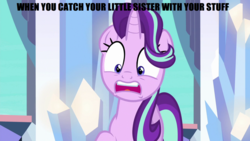 Size: 1280x720 | Tagged: safe, edit, edited screencap, screencap, starlight glimmer, pony, g4, the times they are a changeling, crystal, crystal palace, female, image macro, meme, shocked, solo