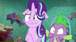 Size: 1280x720 | Tagged: safe, screencap, spike, starlight glimmer, g4, the crystalling, book, bookshelf, disgusted, door, floppy ears, scroll, shocked
