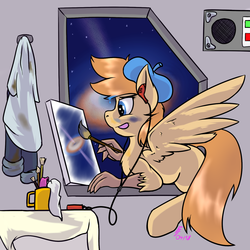 Size: 1600x1600 | Tagged: safe, artist:frecklesfanatic, oc, oc only, oc:tami, hippogriff, earbuds, female, painting, space, space horse rpg