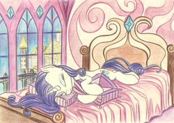 Size: 1600x1132 | Tagged: safe, artist:pedrohander, rarity, pony, unicorn, g4, bed, cute, female, mare, on side, pillow, sleeping, solo, traditional art