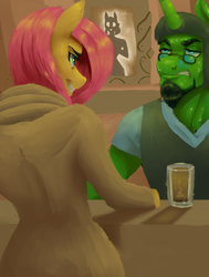 Size: 3700x4900 | Tagged: safe, artist:zintenka, fluttershy, oc, anthro, g4, absurd resolution, alcohol, bartender, beard, clothes, coat, detective, facial hair, glare, interrogation, law enforcement, nervous, stare, sweat, the stare