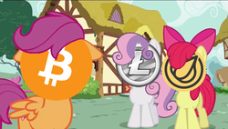 Size: 848x480 | Tagged: safe, apple bloom, scootaloo, sweetie belle, equestria daily, g4, april fools, april fools 2018, bitcoin, capitalism, cryptocurrency, cutie mark crusaders, garlicoin, litecoin