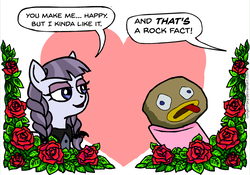 Size: 752x525 | Tagged: safe, artist:gingerfoxy, inky rose, pinkie pie, earth pony, pegasus, pony, pony couple generator, g4, dialogue, flower, heart, over the garden wall, rock, rock fact, rose, speech bubble