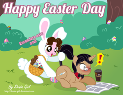 Size: 1024x791 | Tagged: safe, artist:shinta-girl, oc, oc only, oc:aaron pony, oc:shinta pony, pegasus, pony, unicorn, animal costume, basket, bowtie, bunny costume, chocolate, chocolate bunny, clothes, coffee, costume, couple, egg, exclamation point, food, glasses, happy easter, hoof hold, newspaper, tail, tail pull, translated in the comments