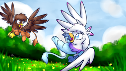 Size: 1920x1080 | Tagged: safe, artist:sugar morning, oc, oc only, oc:basma, oc:jag, griffon, commission, couple, cute, female, flying, grass, male, open mouth, playing, sky, spread wings, sweet, tree, wings