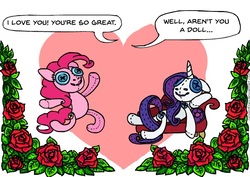 Size: 592x418 | Tagged: safe, artist:gingerfoxy, pinkie pie, rarity, earth pony, pony, unicorn, pony couple generator, g4, doll, fainting couch, female, flower, heart, lesbian, plushie, rose, ship:raripie, shipping, text, toy