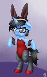 Size: 850x1380 | Tagged: safe, artist:sabrib, oc, oc only, oc:tinker doo, unicorn, semi-anthro, blushing, bunny ears, bunny suit, clothes, crossdressing, cuffs (clothes), glasses, male, red leotard, solo, standing