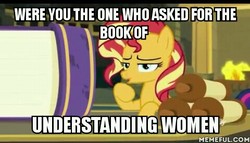 Size: 480x275 | Tagged: safe, sunset shimmer, twilight sparkle, pony, unicorn, equestria girls, equestria girls specials, g4, my little pony equestria girls: better together, my little pony equestria girls: forgotten friendship, book, exploitable meme, female, joke, lidded eyes, looking at you, mare, meme, open mouth, scroll, solo focus, text