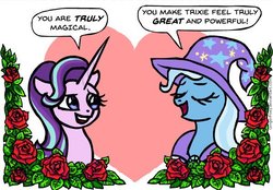 Size: 600x418 | Tagged: safe, artist:gingerfoxy, starlight glimmer, trixie, pony, unicorn, pony couple generator, g4, female, flower, heart, leaf, lesbian, rose, ship:startrix, shipping