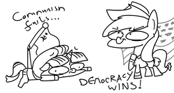 Size: 2020x1080 | Tagged: safe, artist:moonatik, derpibooru exclusive, applejack, starlight glimmer, pony, unicorn, g4, applejack's hat, clothes, cowboy hat, democracy, doodle, female, flag, hat, hoof on chest, lying down, mare, monochrome, murica, s5 starlight, simple background, soviet union, stalin glimmer, united states, white background