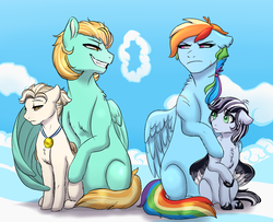 Size: 983x799 | Tagged: safe, artist:miamaha, lightning dust, rainbow dash, oc, oc:monochrome, oc:skychaser, pony, g4, cloud, colt, female, foal, grin, magical lesbian spawn, male, mare, mother and son, next generation, nonbinary, offspring, parent:daring do, parent:dumbbell, parent:lightning dust, parent:rainbow dash, parents:daringdash, smiling, stare, unamused