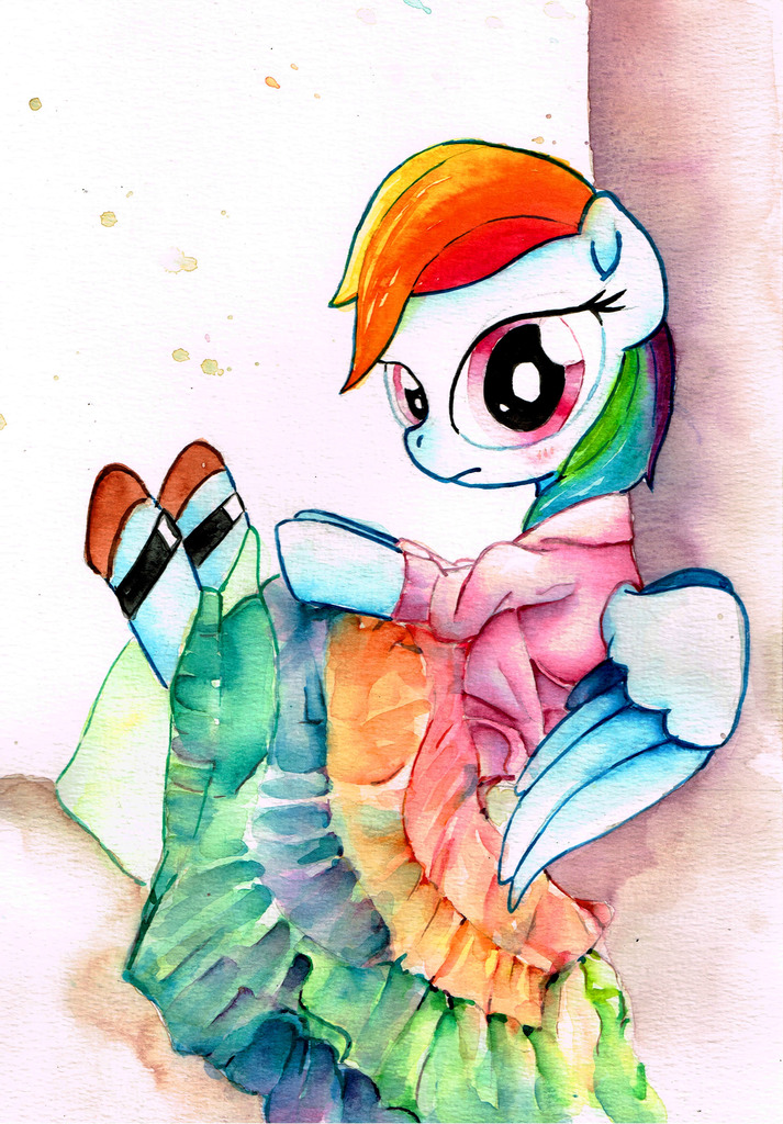 artist:mashiromiku, rainbow dash, pony, blushing, clothes, dress, female, r...
