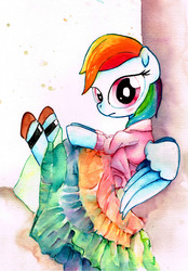 Size: 2394x3437 | Tagged: safe, artist:mashiromiku, rainbow dash, pony, g4, blushing, clothes, dress, female, high res, rainbow dash always dresses in style, shoes, solo, traditional art, watercolor painting