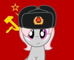 Size: 1082x883 | Tagged: safe, artist:darkstorm619, oc, oc only, oc:violet, earth pony, pony, april fools 2018, april fools joke, communism, cute, female, hammer and sickle, hat, looking at you, mare, ocbetes, red background, simple background, smiling, solo, soviet union, stars, ushanka