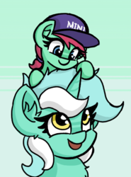 Size: 413x557 | Tagged: safe, artist:plunger, lyra heartstrings, oc, oc:mini, pony, unicorn, g4, /mlp/, 4chan, april fools, april fools 2018, baseball cap, cap, cute, green background, hat, mini-me, on top, ponified, ponytail, simple background, team mini