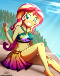 Size: 720x900 | Tagged: safe, artist:the-butch-x, sunset shimmer, human, equestria girls, equestria girls specials, g4, my little pony equestria girls: better together, my little pony equestria girls: forgotten friendship, barefoot, beach, beach babe, beautiful, bikini, bikini babe, clothes, commission, crepuscular rays, cute, feet, female, geode of empathy, grin, legs, magical geodes, midriff, sarong, shimmerbetes, sitting, smiling, solo, summer sunset, sunlight, swimsuit, thighs