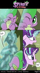 Size: 800x1440 | Tagged: safe, artist:emositecc, queen chrysalis, spike, starlight glimmer, changeling, dragon, pony, unicorn, comic:spike to the rescue, g4, season 8, alternate hairstyle, bondage, comic, dialogue, encasement, female, frozen, glowing horn, horn, ice, magic, male, panting, speech bubble, sweat, winged spike, wings