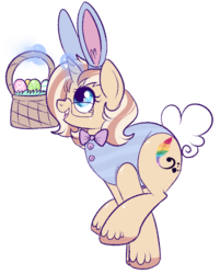 Size: 710x883 | Tagged: safe, artist:lulubell, oc, oc only, oc:lulubell, pony, basket, bunny ears, bunny suit, clothes, costume, easter bunny, easter egg, freckles, glasses, hopping, simple background, solo, transparent background