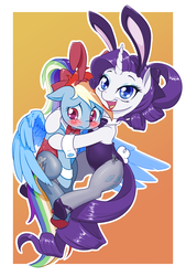 Size: 800x1185 | Tagged: safe, artist:dstears, color edit, edit, rainbow dash, rarity, pegasus, pony, unicorn, g4, alternate hairstyle, blushing, bow, bowtie, bunny ears, bunny suit, clothes, colored, cuffs (clothes), cute, dashabetes, duo, embarrassed, female, hair bow, hug, leggings, leotard, lipstick, mare, pantyhose, playboy bunny, ponytail, rainbow dash always dresses in style, raribetes, ribbon, shoes, sweat, sweatdrop, the melancholy of haruhi-chan suzumiya
