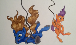 Size: 800x470 | Tagged: safe, artist:rauhiss, scootaloo, oc, oc:silly scribe, g4, bungee jumping, traditional art