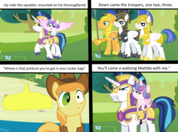 Size: 1024x763 | Tagged: safe, artist:didgereethebrony, braeburn, flash sentry, princess flurry heart, shining armor, pony, comic:waltzing matilda, g4, banjo patterson, captain armor and guard sentry, comic, male, royal guard, song reference, stallion, vectors used, waltzing matilda