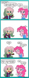 Size: 450x1200 | Tagged: safe, artist:empyu, fluttershy, pinkie pie, comic:jokester fluttershy, equestria girls, g4, clothes, comic, cosplay, costume, cute, dialogue, diapinkes, duo, pencil, shyabetes, smiling, speech bubble, the joker